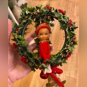 Vtg Pixie Elf Knee Hugger Swinging Holly Mistletoe Ball Bells Kitschy Christmas